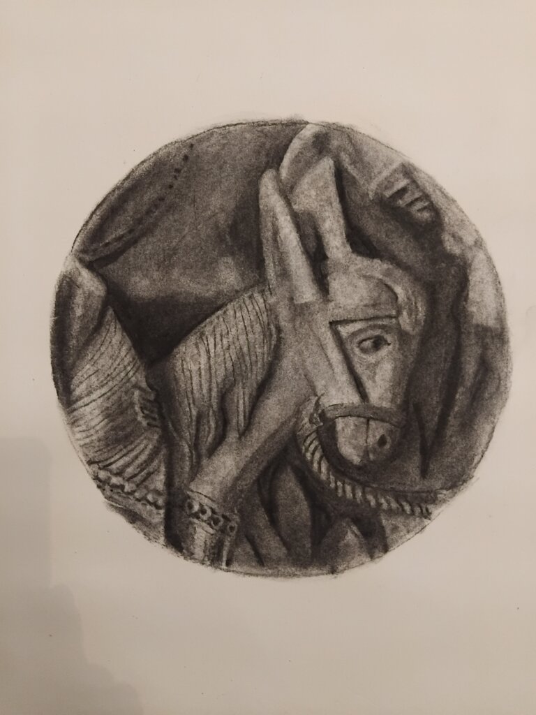 Cours adultes, d'après un bas relief, art roman, technique au fusain